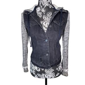 Mudd Black Denim Colorblock Hooded Jean Jacket Distressed Sweater Sleeve Grunge